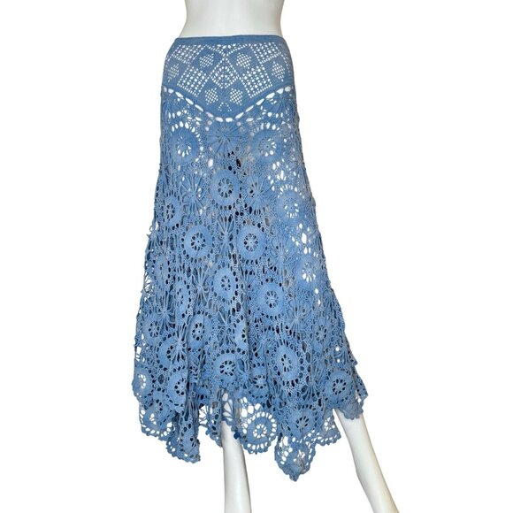 Ralph Lauren Vintage Size L Blue crochet Lace Bohemian Skirt Hand Knit Cotton - Picture 2 of 10
